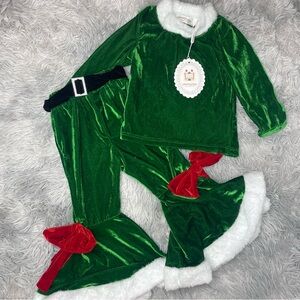 Green Velvet Toddler Baby Girl Size 2-3 Yrs Christmas Outfit Flare Pants Elf